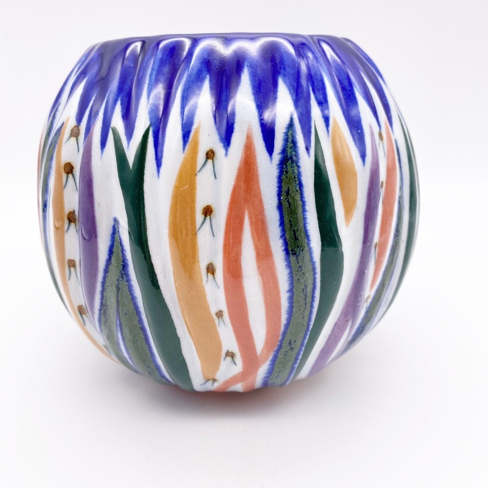 Vintage Erandi Tonala Mexican Vase Multicolor Blue Green Red Striped Pottery